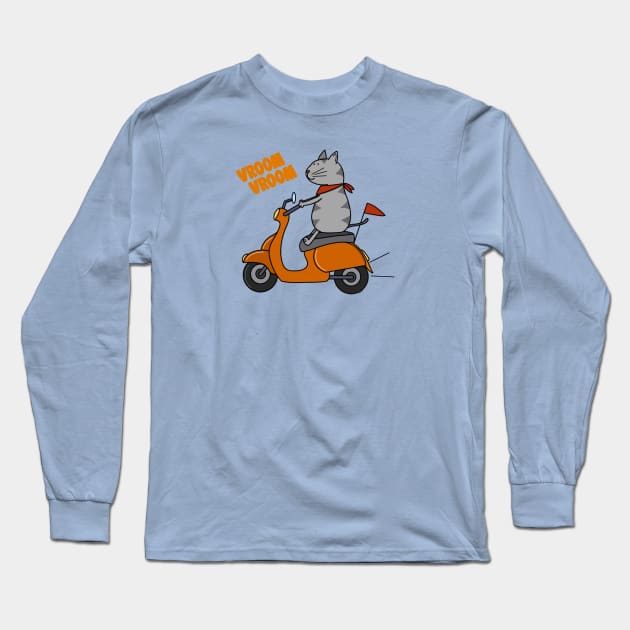 Grey cat on a scooter Long Sleeve T-Shirt by Coconut Moe Illustrations